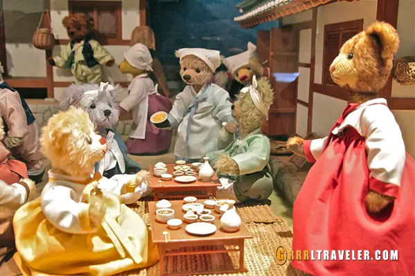 teddy bear museum jeju, teddy bears hanok korea scene