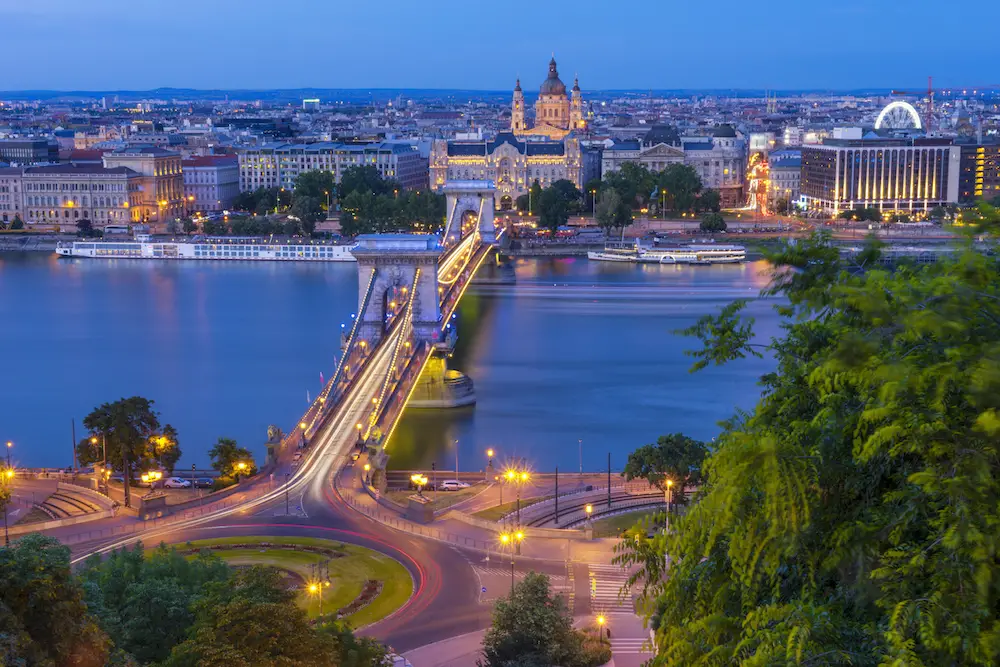 Budapest Chain Bridge River and Basilica View