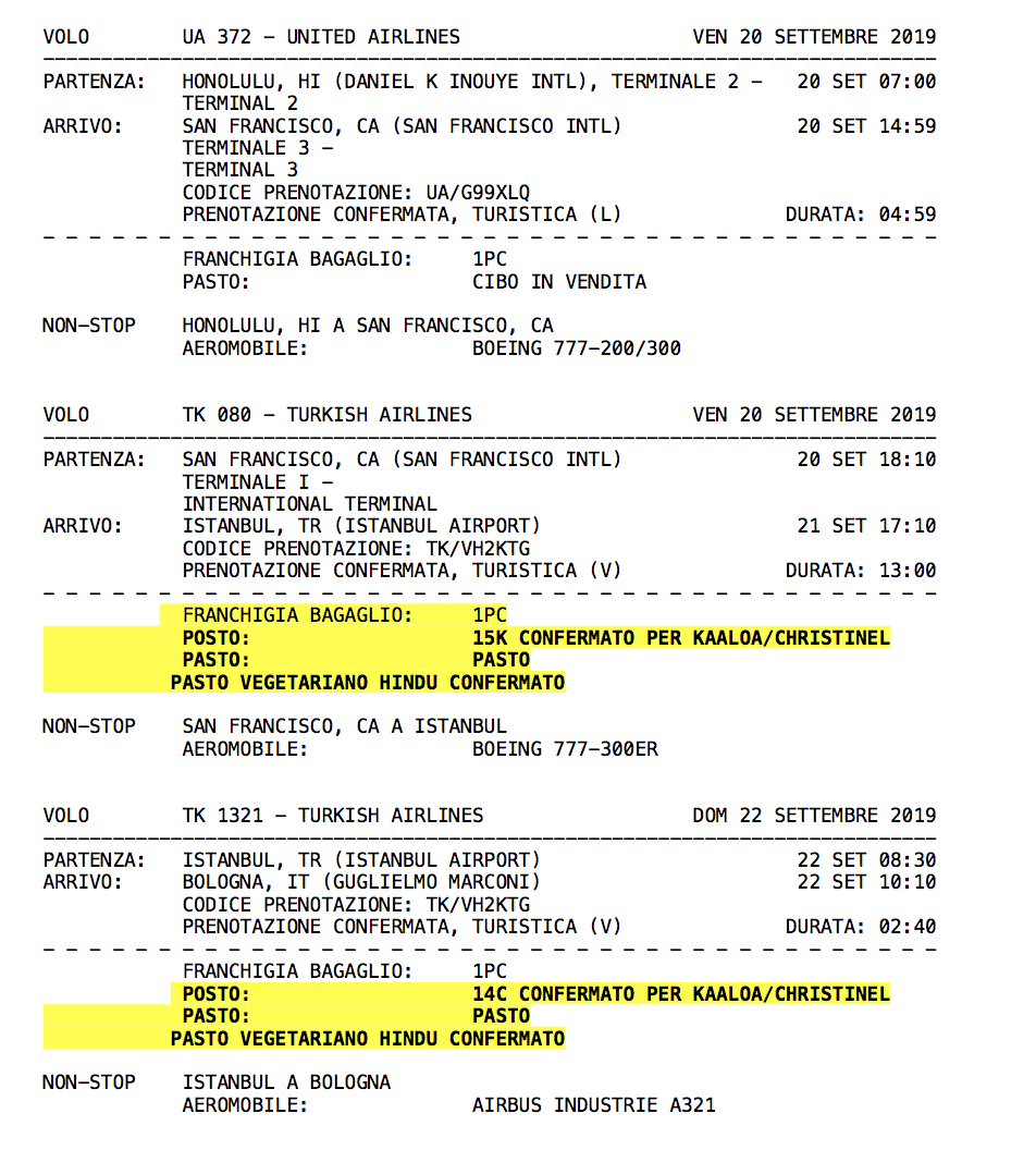 Turkish Airlines itinerary honolulu to bologna