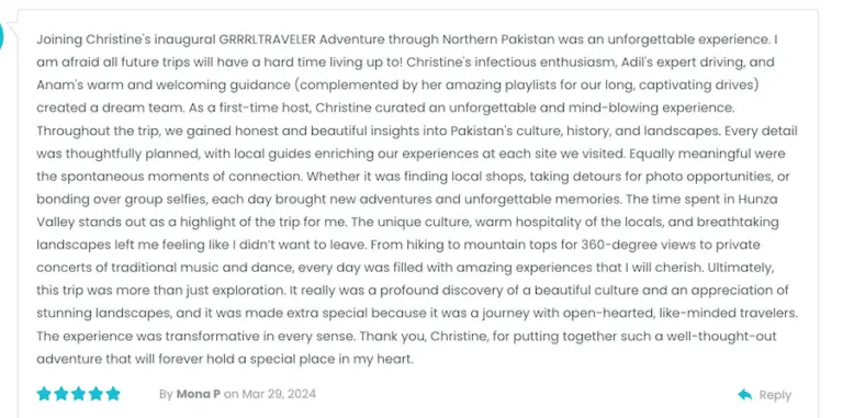 pakistan tour testimonial 4 mona