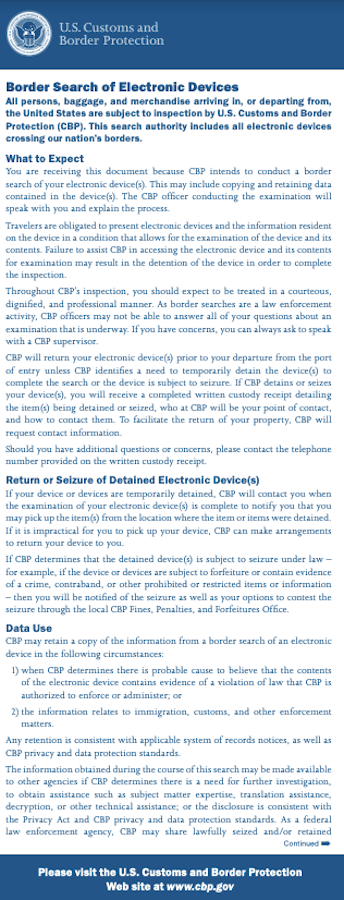 CBP tear sheet for electronic device search